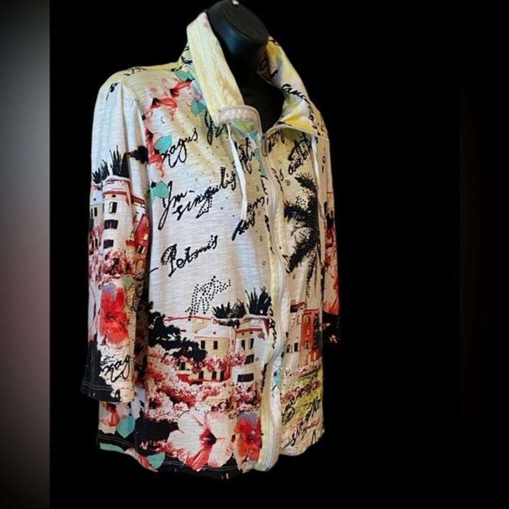 Onque Casuals tropical zip 3/4 sleeve shirt jacket rhinestone palm trees L - Picture 11 of 11